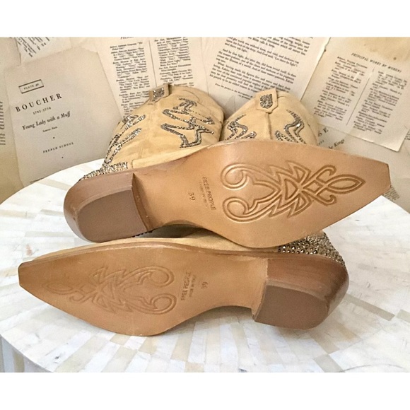 Free People Nashville Nights Cowboy Boot Tan Suede Pewter Rhinestones - Picture 8 of 9
